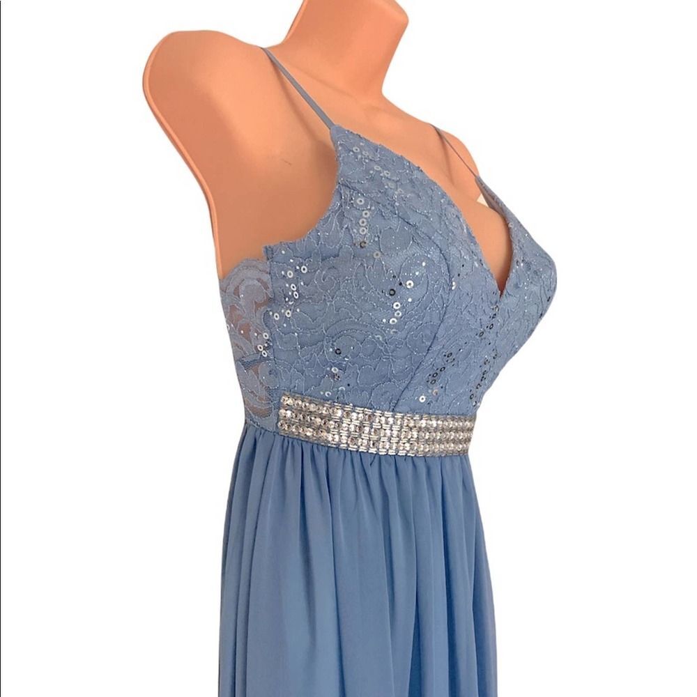 Emerald Sundae Chiffon Lace Wedding Guest Slitted Blue Gown Maxi Prom Dress - Picture 8 of 12